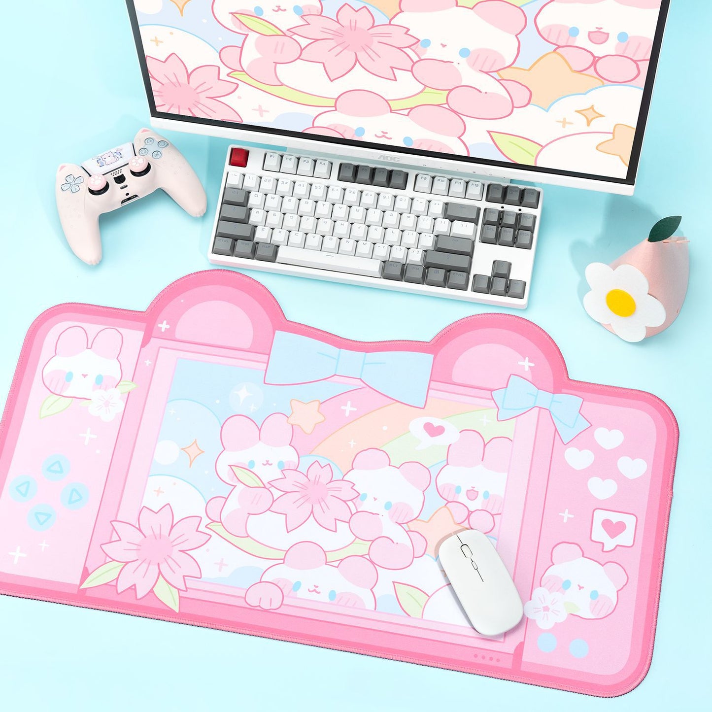 Large Gaming Mouse Pad Sakura Bunny Desk Mat Extended Non Slip Rubber Stitched
