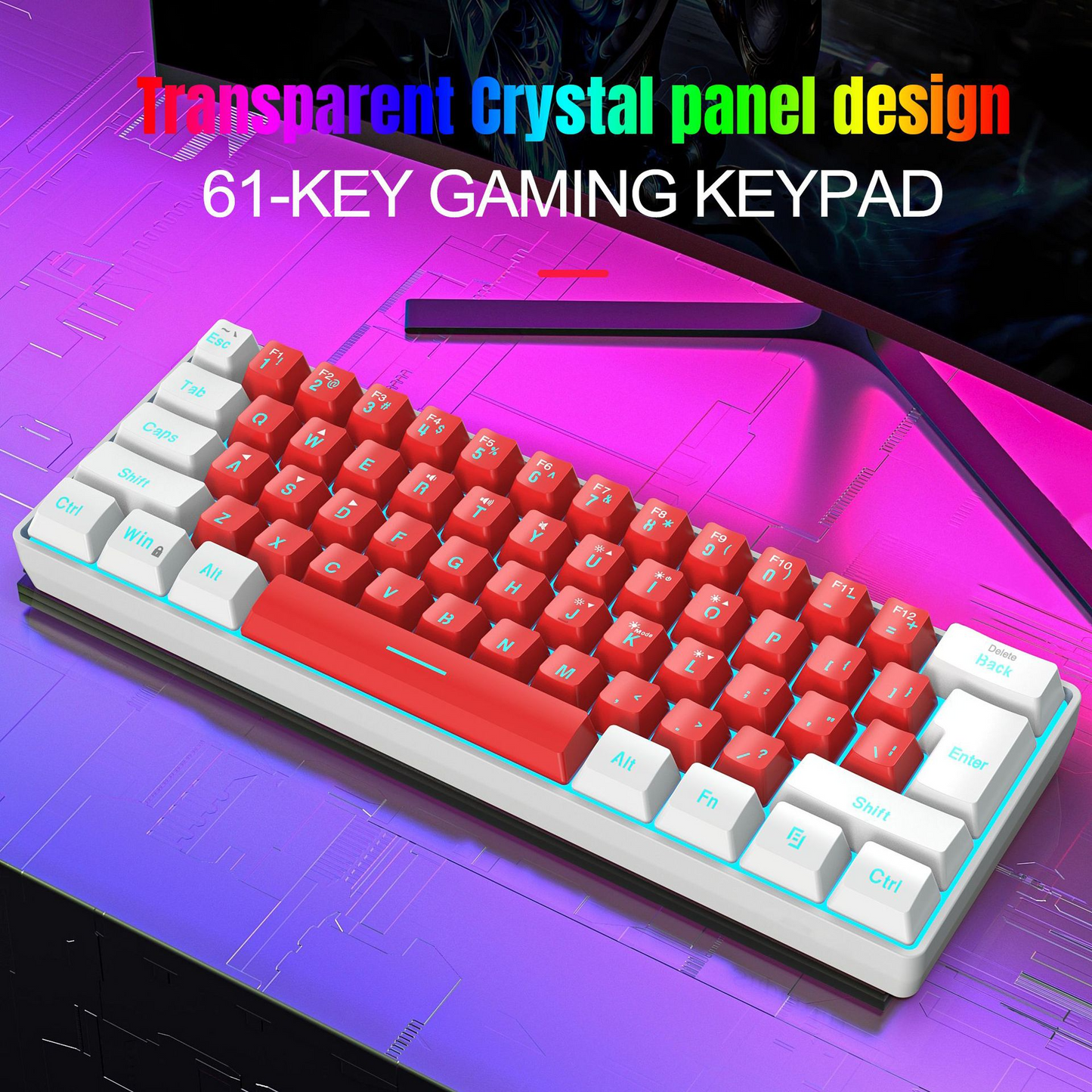 61 Key Wired Membrane Gaming Keyboard Compact Mini RGB Backlit Mechanical Feel