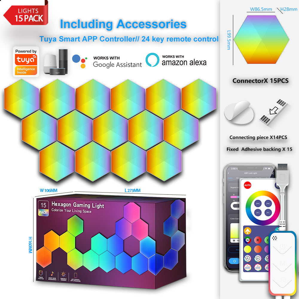 15 Pack Hexagon Gaming Light Smart Modular RGB LED Wall Panels WiFi App Music