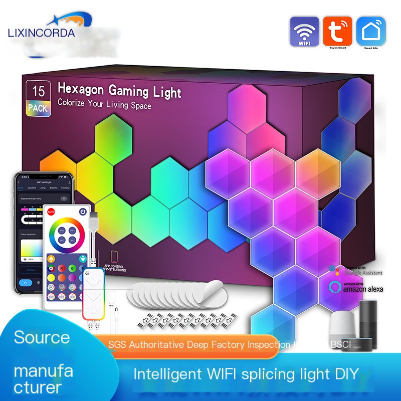 15 Pack Hexagon Gaming Light Smart Modular RGB LED Wall Panels WiFi App Music