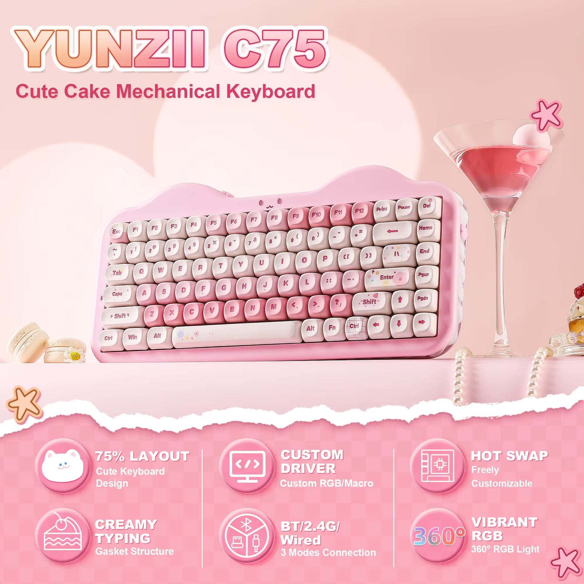 YUNZII C75 Pink Wireless Mechanical Keyboard 75% Gasket Mount Creamy RGB Mac/Win