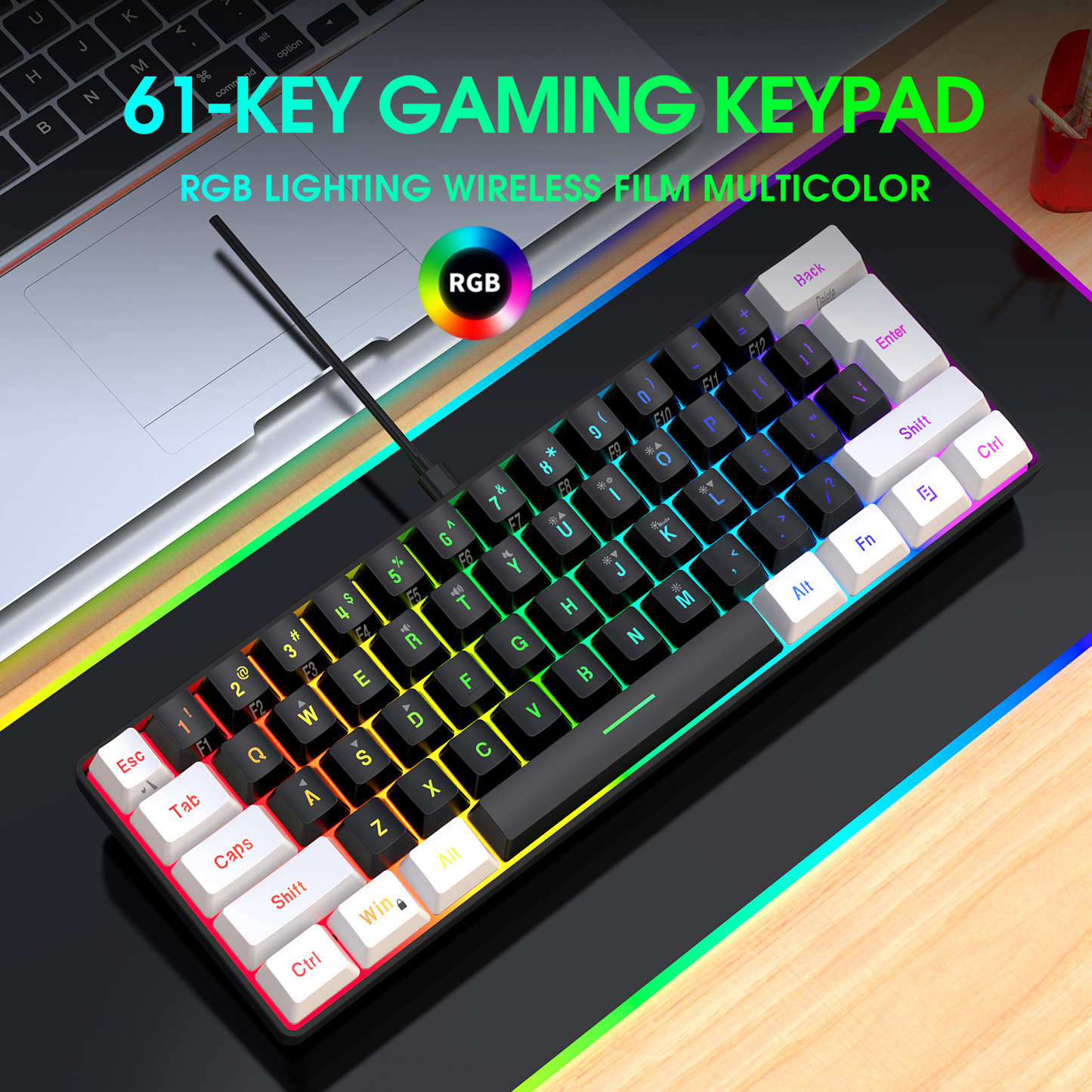 61 Key Wired Membrane Gaming Keyboard Compact Mini RGB Backlit Mechanical Feel