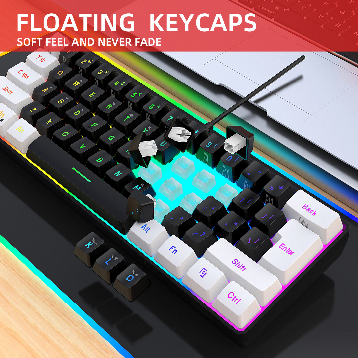 61 Key Wired Membrane Gaming Keyboard Compact Mini RGB Backlit Mechanical Feel