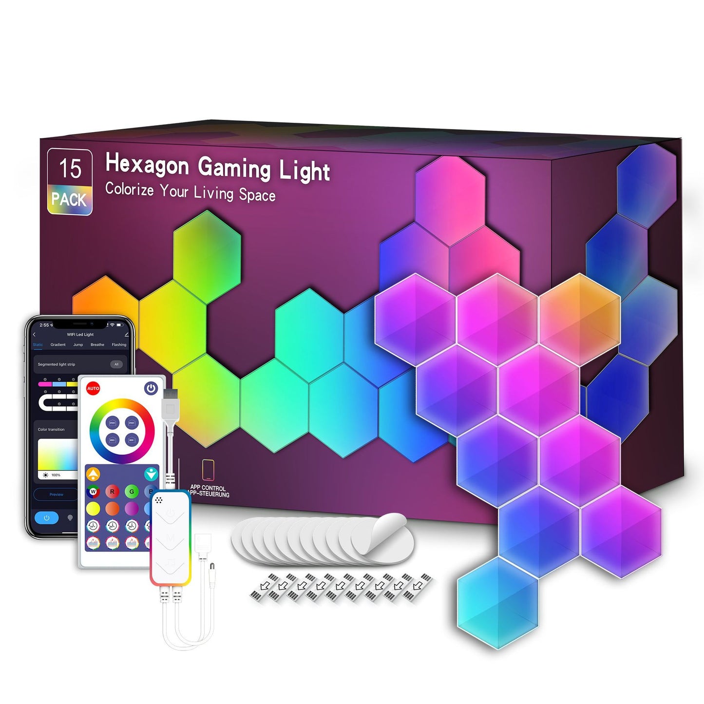 15 Pack Hexagon Gaming Light Smart Modular RGB LED Wall Panels WiFi App Music