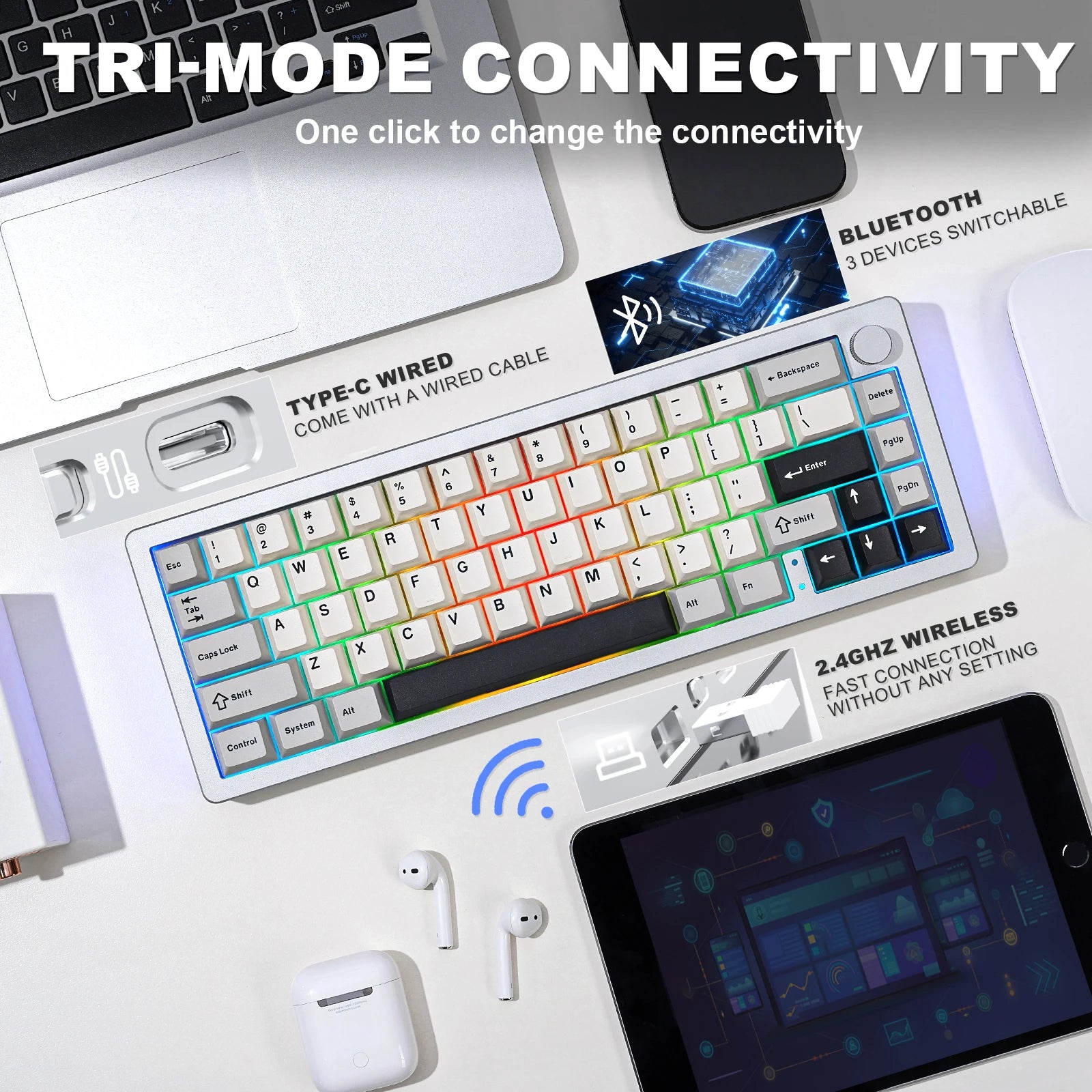 YUNZII AL66 Silver Wireless Mechanical Keyboard CNC Aluminum Gasket Mount RGB