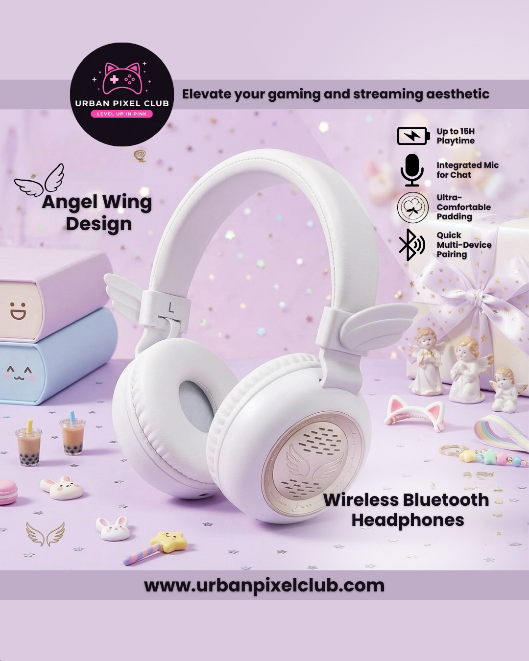 Wireless Bluetooth Headphones with Angel Wings Over Ear Headset