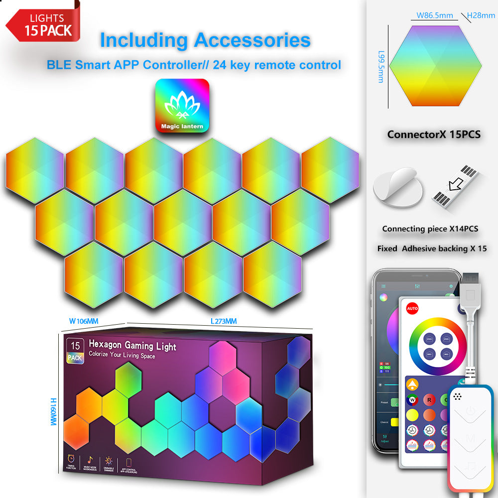 15 Pack Hexagon Gaming Light Smart Modular RGB LED Wall Panels WiFi App Music