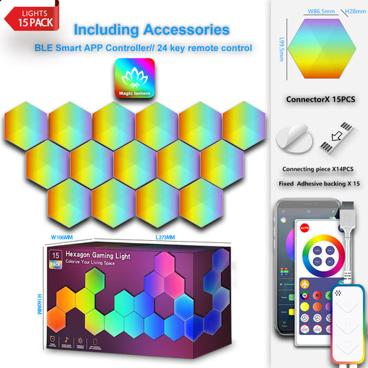 15 Pack Hexagon Gaming Light Smart Modular RGB LED Wall Panels WiFi App Music