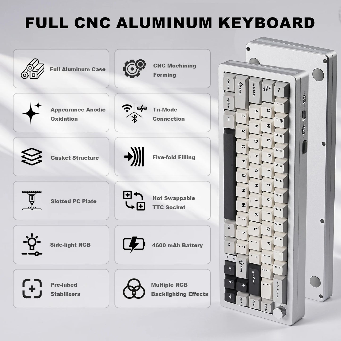 YUNZII AL66 Silver Wireless Mechanical Keyboard CNC Aluminum Gasket Mount RGB