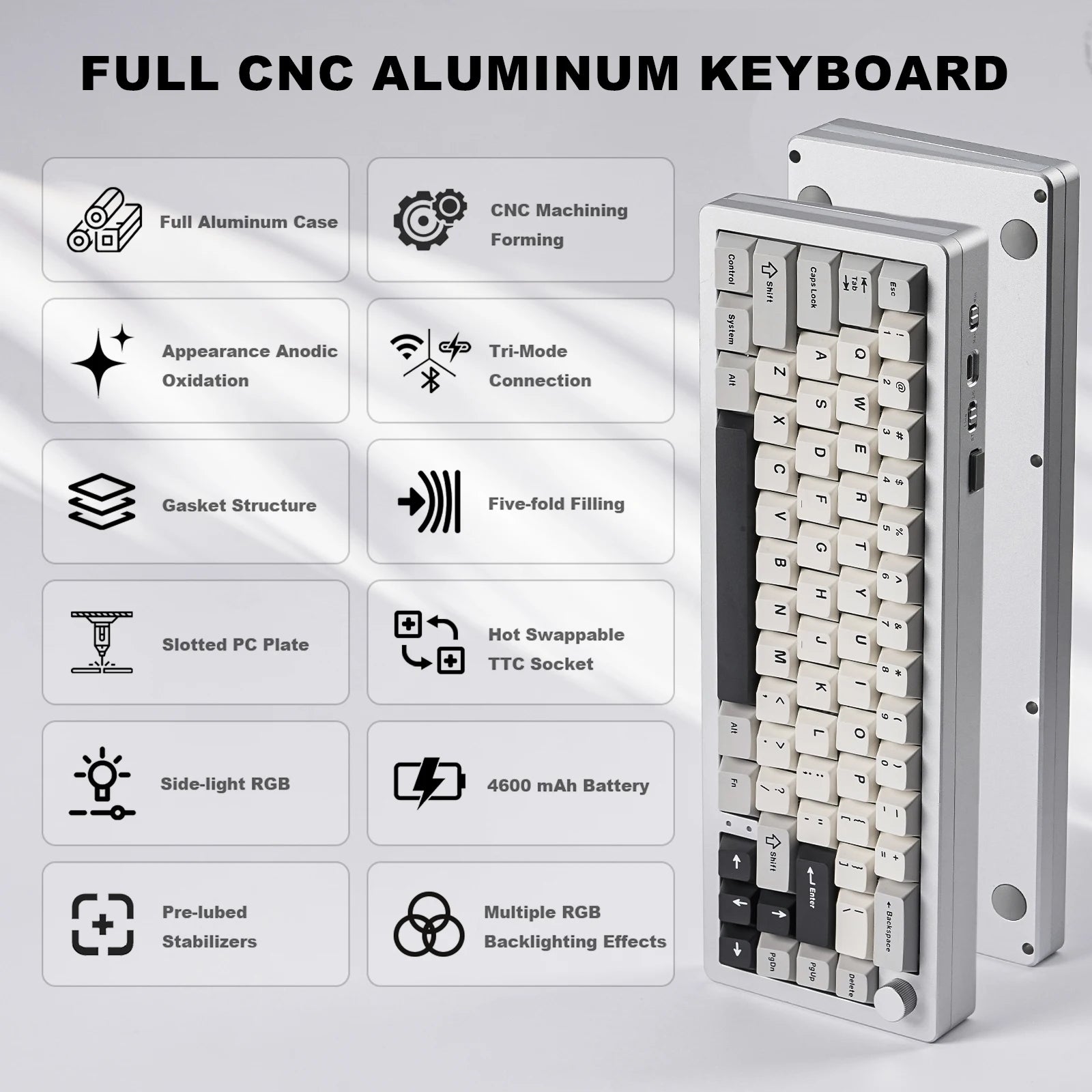 YUNZII AL66 Silver Wireless Mechanical Keyboard CNC Aluminum Gasket Mount RGB
