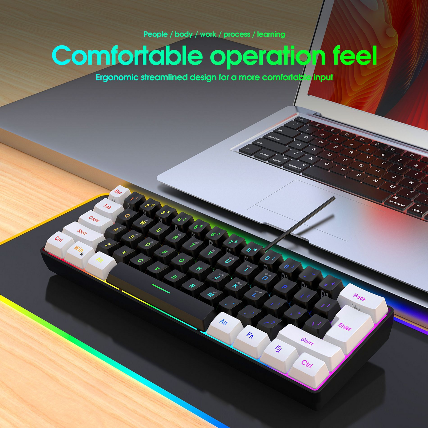 61 Key Wired Membrane Gaming Keyboard Compact Mini RGB Backlit Mechanical Feel