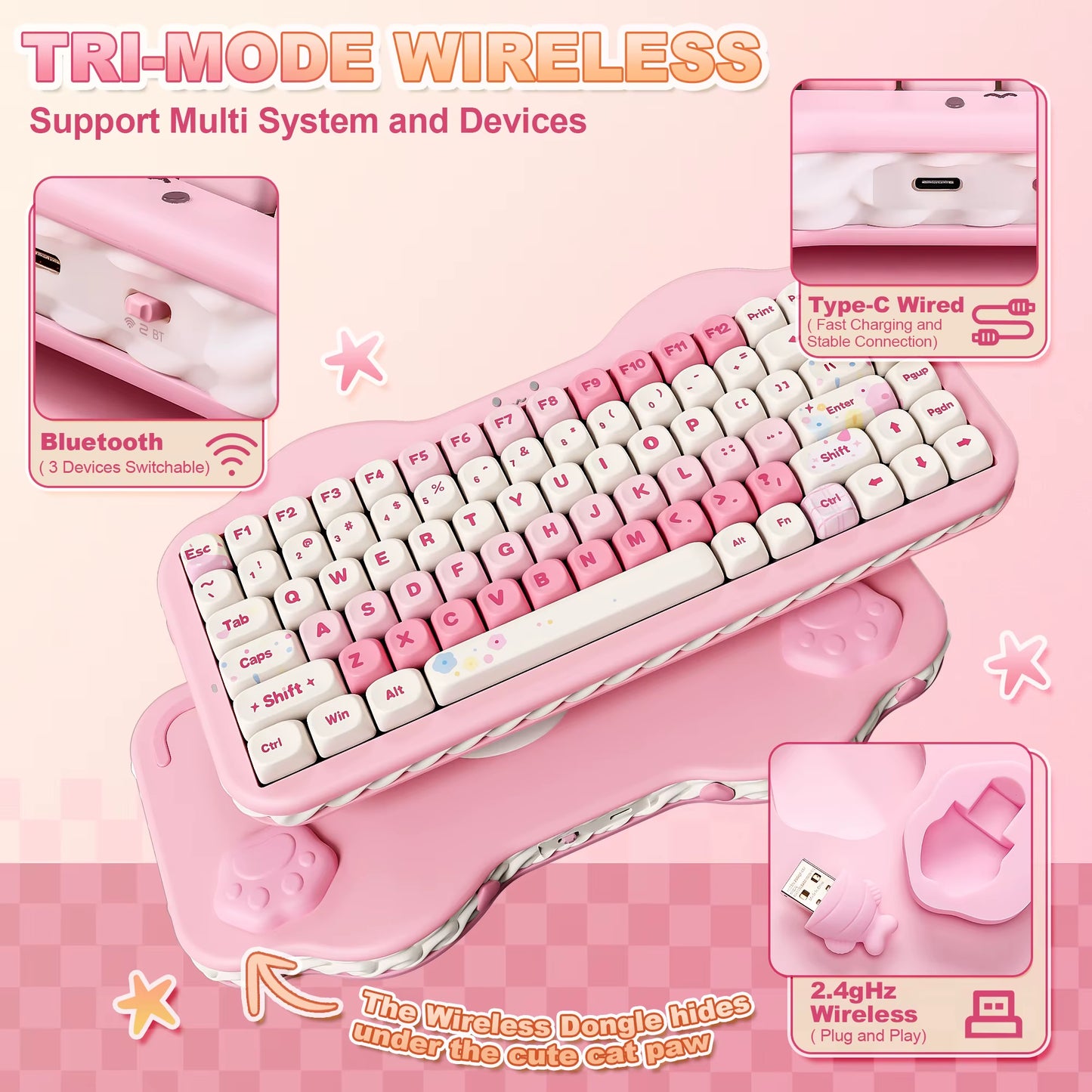 YUNZII C75 Pink Wireless Mechanical Keyboard 75% Gasket Mount Creamy RGB Mac/Win